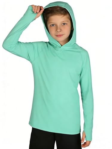 Boys Rash Guard Hoodie Long Sleeve Swim Shirt UPF50+ - Mint Green, 11-12 Years