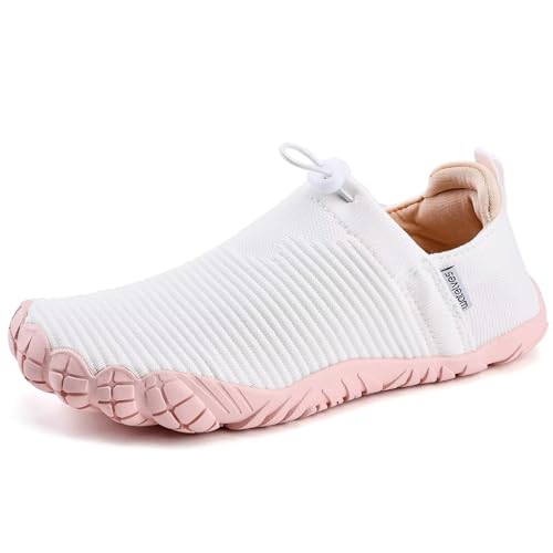 WateLves Water Shoes Women & Men - Lightweight Striped Barefoot Water Footwear, Size 8 Women / 7 Men, White Pink