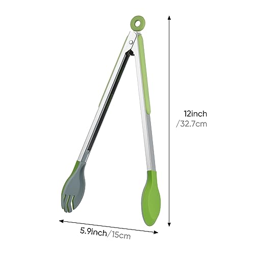 12 Inch Stainless Steel Kitchen Tongs with Silicone Tips - Green