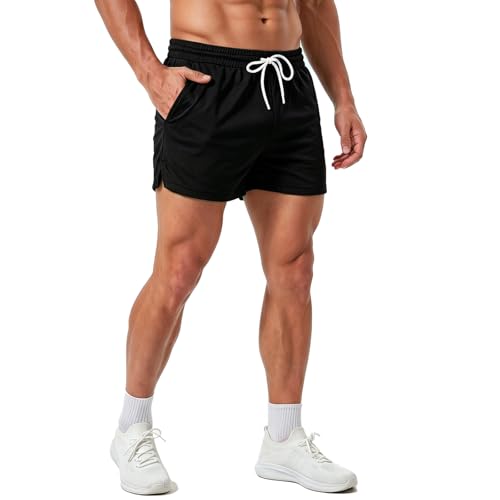 Men's Mesh Running Shorts 3 Inch Quick Dry Athletic Gym Shorts with Pockets (Medium, Black) - Kiuwoba