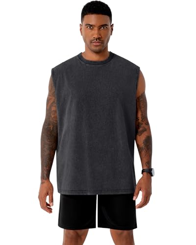 Men's Loose Sleeveless Acid Wash Tank Top - Black - Small