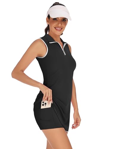 Koscacy Women's Sleeveless Tennis Dress with Shorts - Black, Large | Athletic Golf Outfit