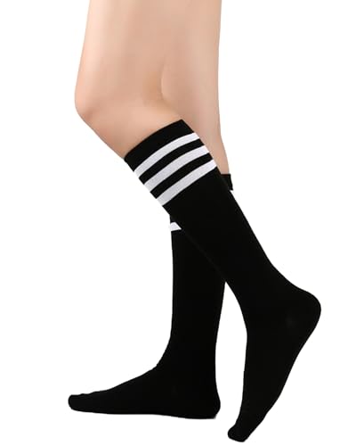 Knee High Socks for Women - Athletic Striped Tube Socks, 3 Pack Red & Black Stripes