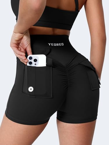 YEOREO CoreFlex Women Scrunch Workout Shorts with Pockets 3.6/4.5 inch Inseams – Black, Medium