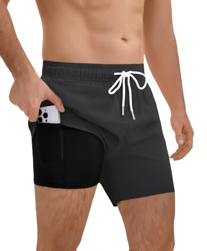 Lncropo Men's 2-in-1 Black Swim Trunks 5 Inch Swim Shorts Medium