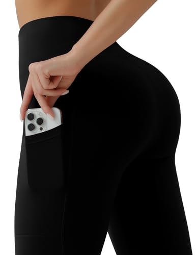 High Waist Leggings for Women - Opaque Tummy Control Pants with Pockets - Full Length, Black, Large-X-Large