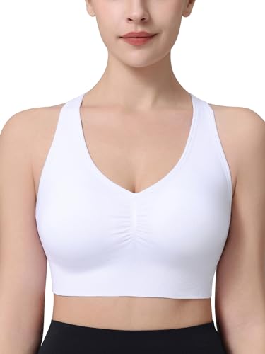 BYAWAY Medium White Ruched Sports Bra for Women - Racerback V-Neck Padded Seamless Longline