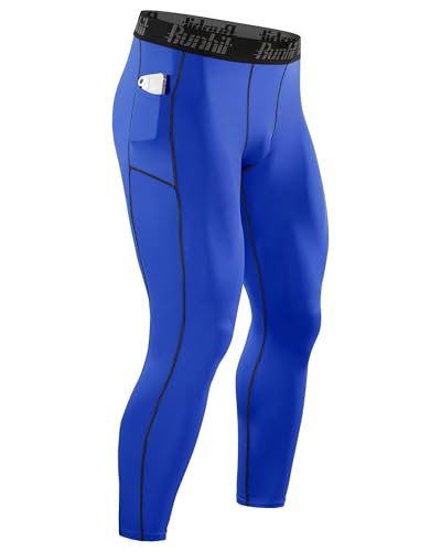 Mens Compression Tights with Pockets - Blue Black Line, Large