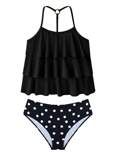 UIQUR Girls Swimsuit Two Pieces Tankini Set Black Polka Dots 11-12 Years
