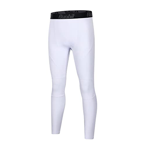 Boys Compression Leggings - Youth Athletic Tights, Medium/White