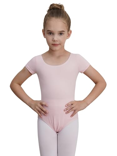 Gymnastics Leotards for Girls - Short Sleeve Bodysuit, 12-14 Years / Pink
