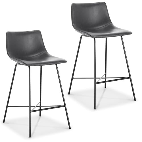 Counter Stools Set of 2 - 24 Inch Gray Faux Leather & Steel