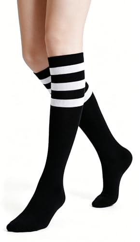 Henwarry White/Black Over the Calf Striped Athletic Socks for Men & Women - Retro Tube Style