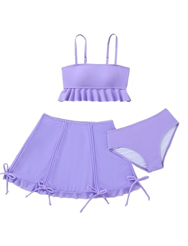 Girls 3 Piece Bathing Suit Set - Ruffle Cami Tankini & Skirt - 13-14 Years Purple