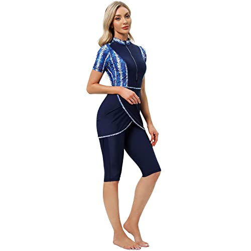 FYMNSI Medium Blue Muslim Burkini 3-Piece Swimwear Rash Guard Top Pants Hijab