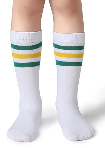 Boys Girls Over the Calf Striped Tube Socks - Green/Yellow/White, Age 4-6