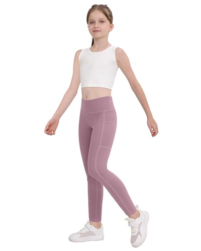 CHRLEISURE Girls' Active Leggings with Pockets - 5 Pack Kids Teen Dance & Yoga Pants, 12-13 Years (Black/Gray/Lilac Pink/Navy/Steel Blue)