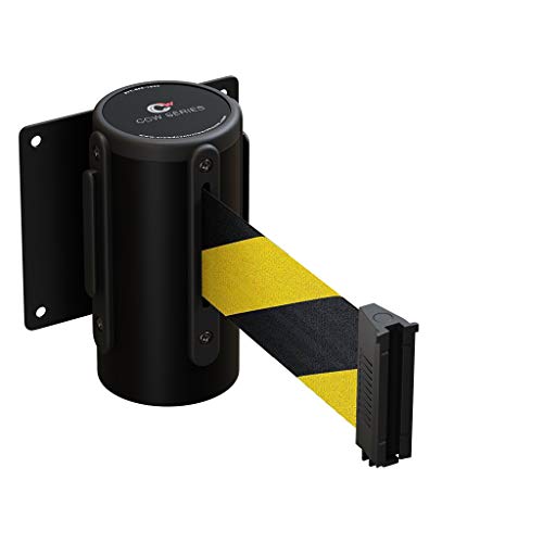 Crowd Control Warehouse - CCW Series WMB-125 Fixed Wall Mount Retractable Belt Barrier - 11 Foot, Black and Yellow Diagonal Stripes Belt with Black Steel Case