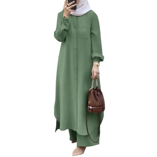 ODIZLI Women's Muslim 2-Piece Abaya Set Sage Green 3XL Long Sleeve Shirt & Pants