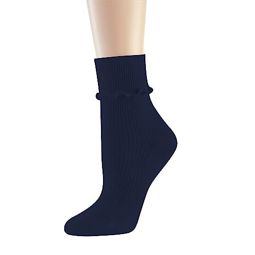 Cute Ruffle Crew Socks for Women - Navy Blue, One Size