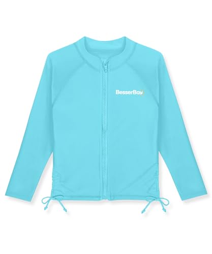 Girls Rash Guard UPF 50+ Zip Up Swim Jacket - Light Blue & White, 8 Years