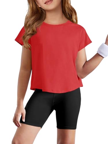 Girls Loose Athletic Crop Tops - Short Sleeve, 7-8 Years, Red