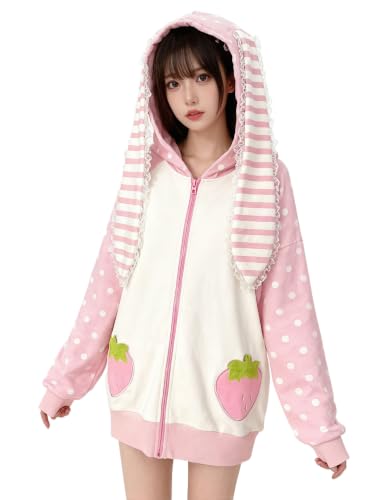 Pink Small Women's Y2K Bunny Ear Hoodie Harajuku Kawaii Baggy Jacket