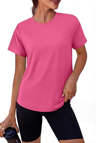 Loose Fit Workout Tops for Women - Short Sleeve Athletic T-Shirt - Large Hot Pink