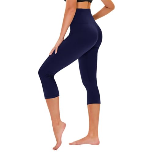 High Waisted Capri Leggings for Women - Tummy Control, A-Navy Blue