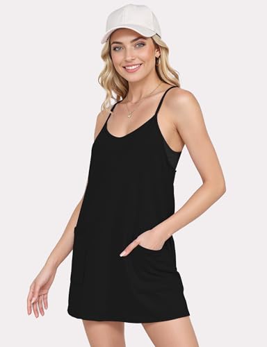 Summer Sleeveless Mini Rompers Dress with Built-in Shorts - Black, Small
