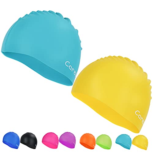Kids Swim Caps 2 Pack - Durable Silicone Aqua & Yellow Large (Age 9-12)