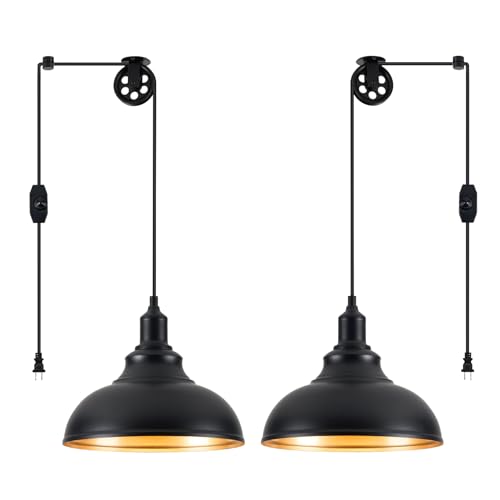Black Pendant Light Hanging Lamps for Living Room Plug in 15FT Dimmable Switch Adjustable Pulley Hanging Lights with Cord for Kitchen Bedroom 2 Pack