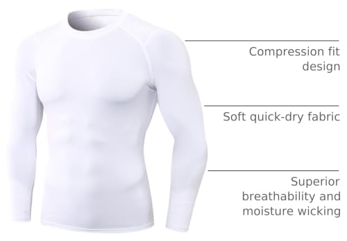 Leichr Men's Medium White Compression Shirt Long Sleeve Athletic Base Layer Quick Dry Basketball Football Tops