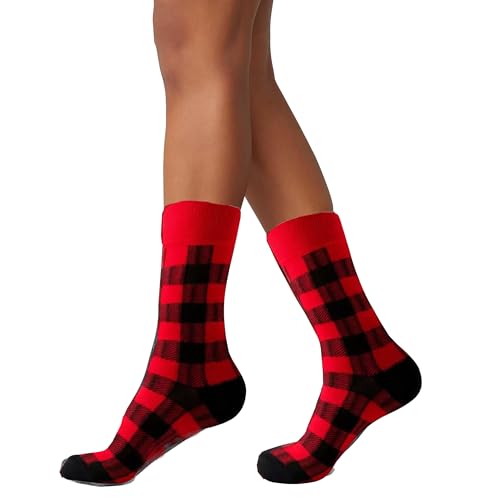 Buffalo Plaid Crew Socks - Soft Cotton Hiking Socks for Women - Red