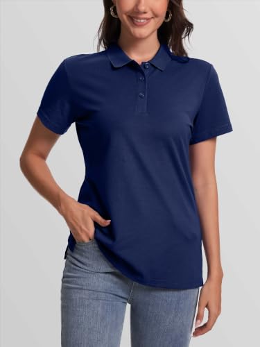 SMENG Women's Navy Medium Cotton Pique Polo Shirt with Short Sleeves & 3 Buttons