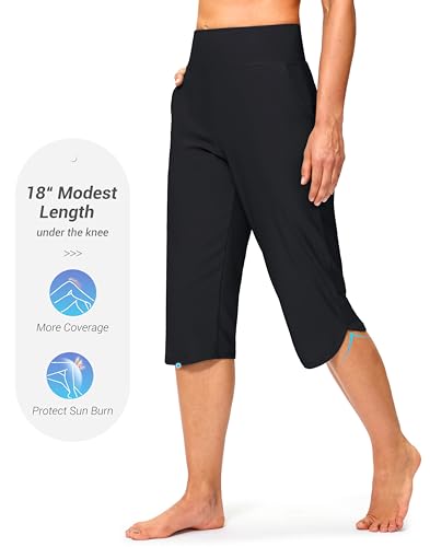 G Gradual 18'' Women's Swim Capri Pants with Pockets - Black, Large