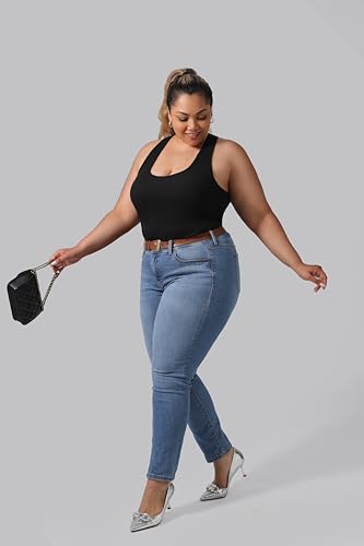 DAGGLOSA Plus Size Racerback Tank Top with Built-in Bra - Curved Hem, 3X Black