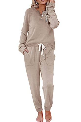 WIHOLL Medium Beige Two Piece Lounge Set for Women Long Sleeve Sweatshirt & Pants
