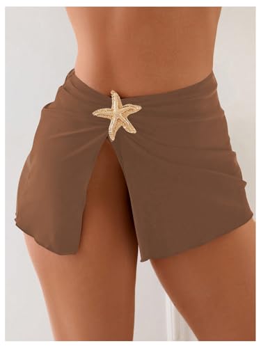 Starfish Print Beach Cover Up Mini Skirt - Coffee Brown, X-Small