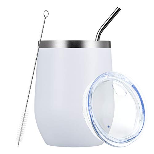 Insulated 12oz Stemless Wine Tumbler with Lid & Straw - White