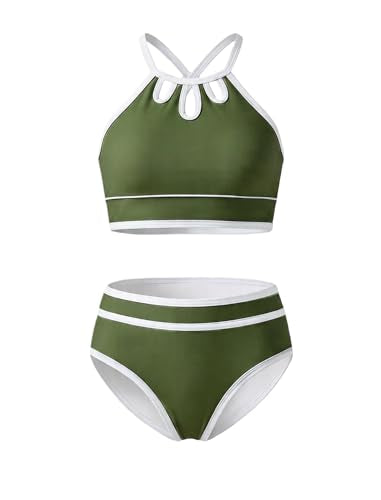 Adjustable Shoulder Strap Color Block Bikini Set for Girls 9-10 Years - Green