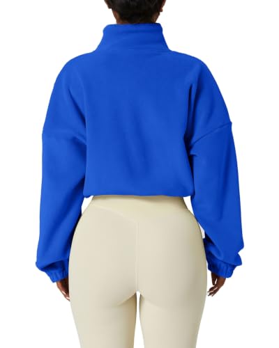 QINSEN Women's Full Zip Fleece Short Jacket - Warm Winter Sherpa Crop Coat, Medium/Klein Blue
