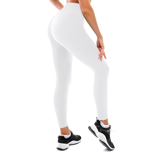 Fawarior High Waisted Leggings for Women - Full Length & Capri, White, Large-X-Large