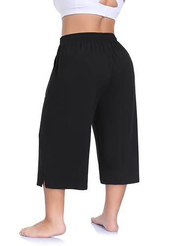 ZERDOCEAN Women's Plus Size Black Wide Leg Capri Pants - Loose Yoga Lounge with Pockets, 4X