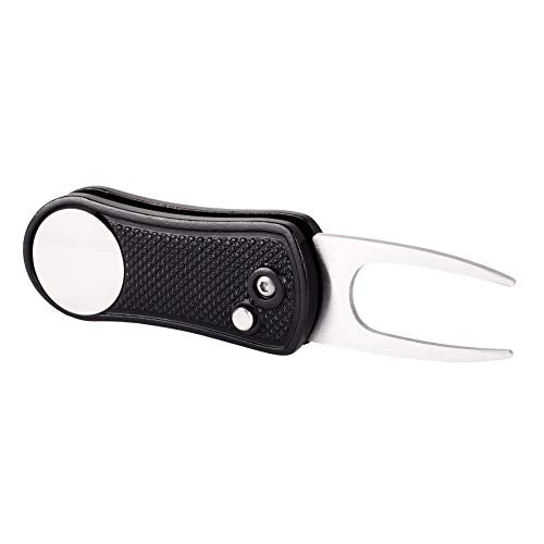 Golf Divot Repair Tool - Metal Foldable with Pop-up Button & Magnetic Ball Marker - Black Undulate