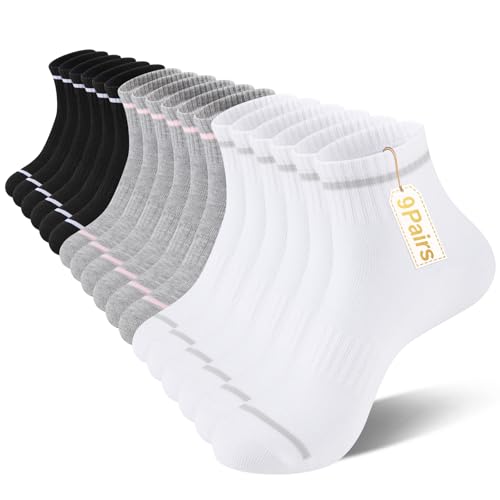 Heatuff Women's Ankle Quarter Socks 9 Pairs - Black, White, Grey | Thin Casual Athletic Gym Crew Socks