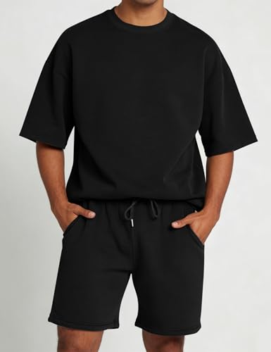 Men's Cotton Baggy Lounge Shorts 7" Fleece Casual Sleepwear Black Large