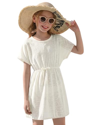 Haloumoning Kids Girl Beach Cover Up Short Sleeve Dress White 5-6 Years