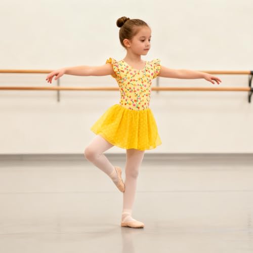 Funnycokid Girl Ballet Leotard 5T Flower Yellow Dance Costume
