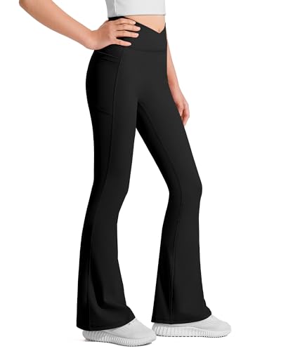 Girls Flare Leggings with Pockets - High Waisted, Soft Stretch - 11-12 Years / Black